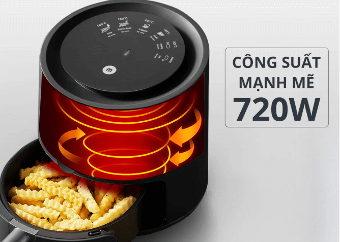Nồi chiên không dầu Mishio MK320 có công suất hoạt động tối đa là 720W