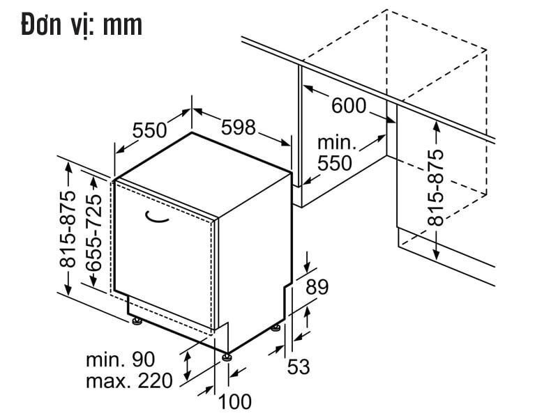 Kích thước lắp đặt Máy rửa bát âm tủ 13 bộ Bosch SMV4HVX31E