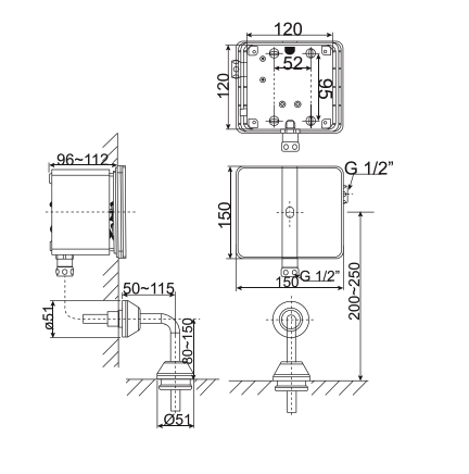 Bản vẽ kỹ thuật van xả tiểu cảm ứng âm tường American Standard WF-8614