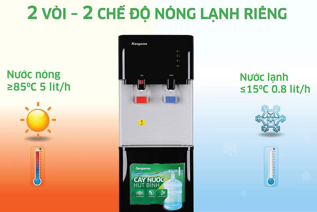 Máy làm nóng lạnh nước uống Kangaroo KG57A3 được trang bị 2 vòi lấy nước riêng biệt 