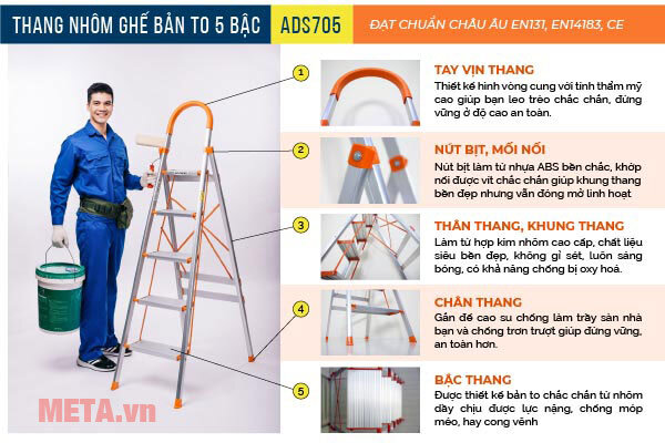 Thang nhôm ghế bản to 5 bậc Advindeq ADS-705