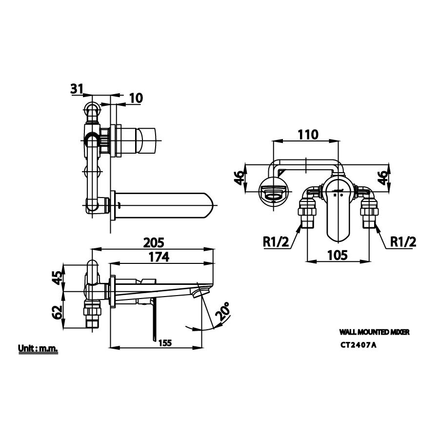 Bản vẽ kỹ thuật vòi lavabo nóng lạnh COTTO gắn tường CT2407A