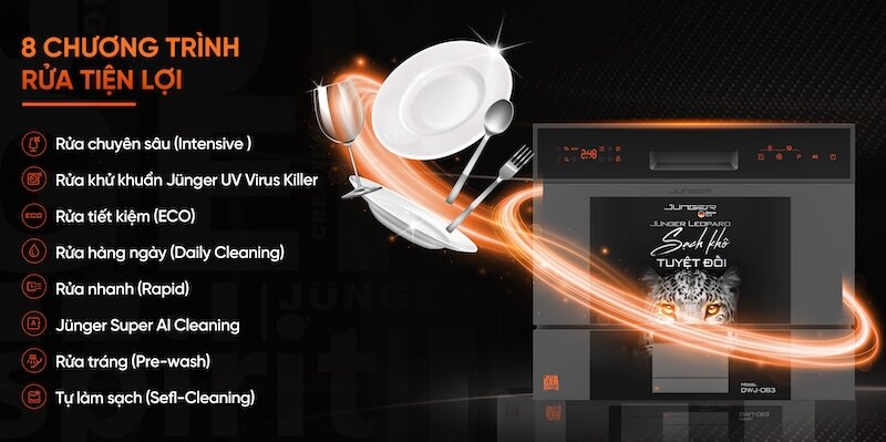 Máy rửa bát để bàn Junger Leopard DWJ-063 được trang bị 8 chương trình rửa