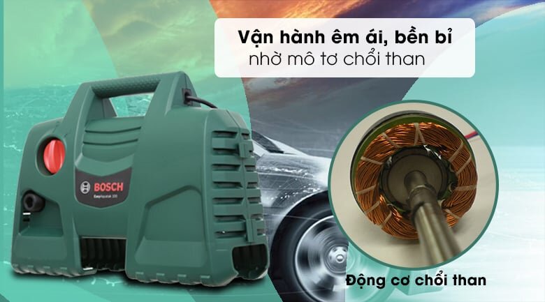 Máy phun xịt rửa áp lực cao Bosch Easy AQT 100 LL là dòng máy rửa xe sử dụng mô tơ chổi than, vận hành mạnh mẽ