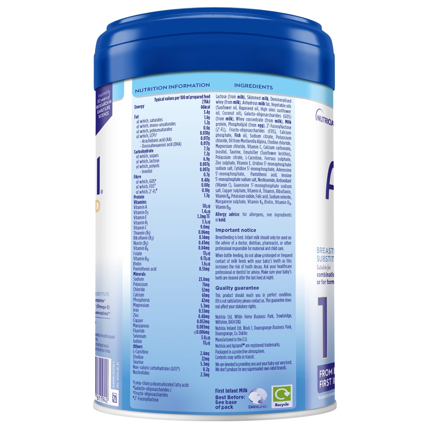 Thành phần sữa Aptamil Advanced số 1 800g của Anh cho trẻ từ 0-6 tháng