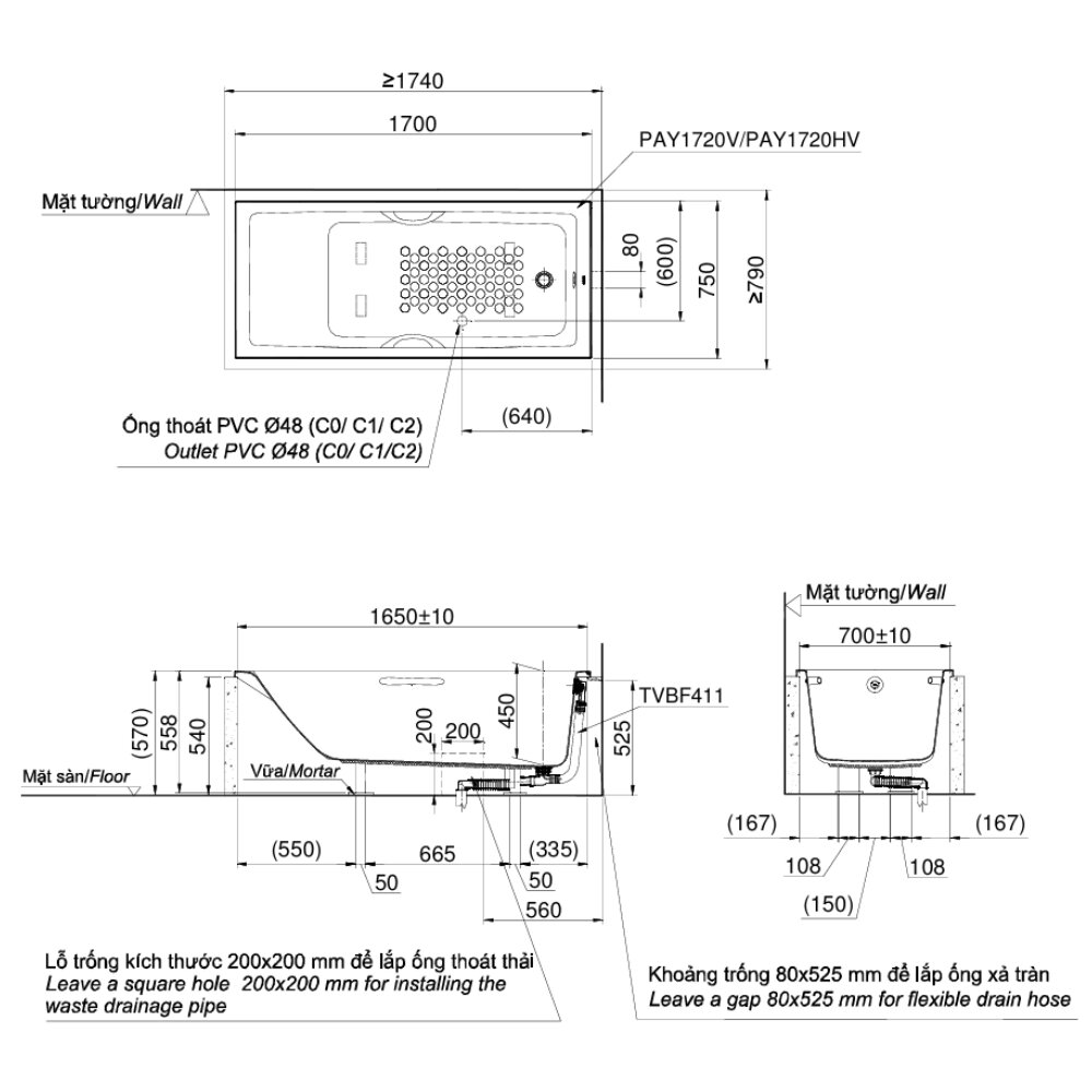 Bản Vẽ Kỹ Thuật Bồn Tắm TOTO PAY1720V/TVBF411