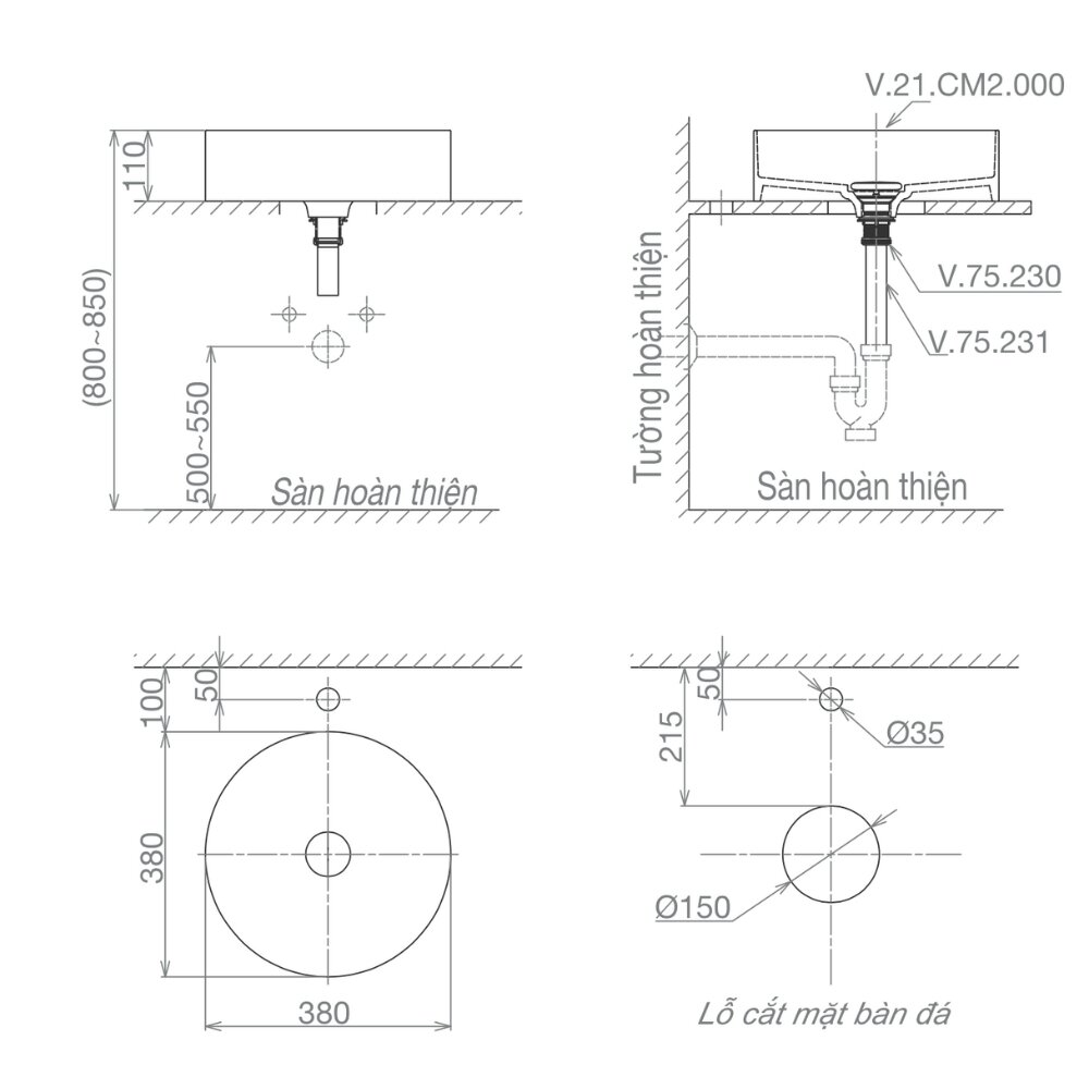 Bản vẽ kỹ thuật của lavabo đặt bàn Viglacera Platinum P.21.150