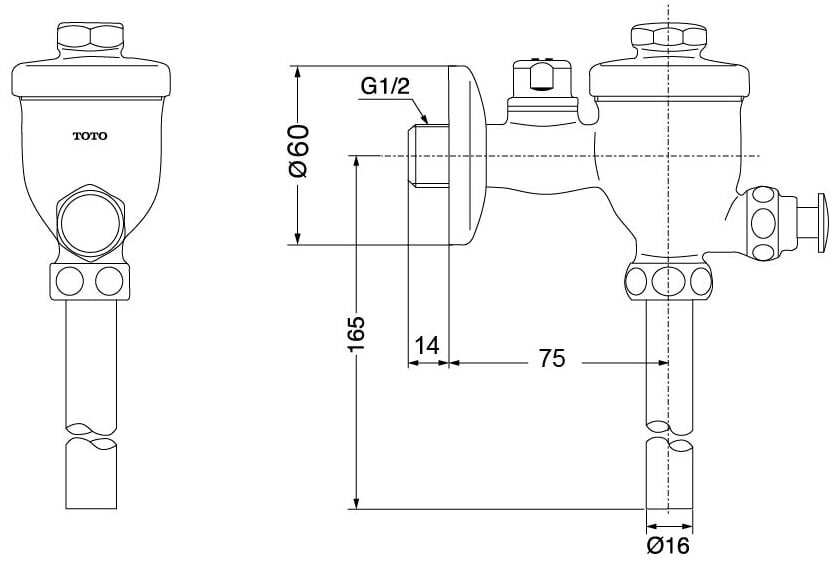 Bản vẽ kỹ thuật van xả tiểu Toto DU601N Toto DU601N