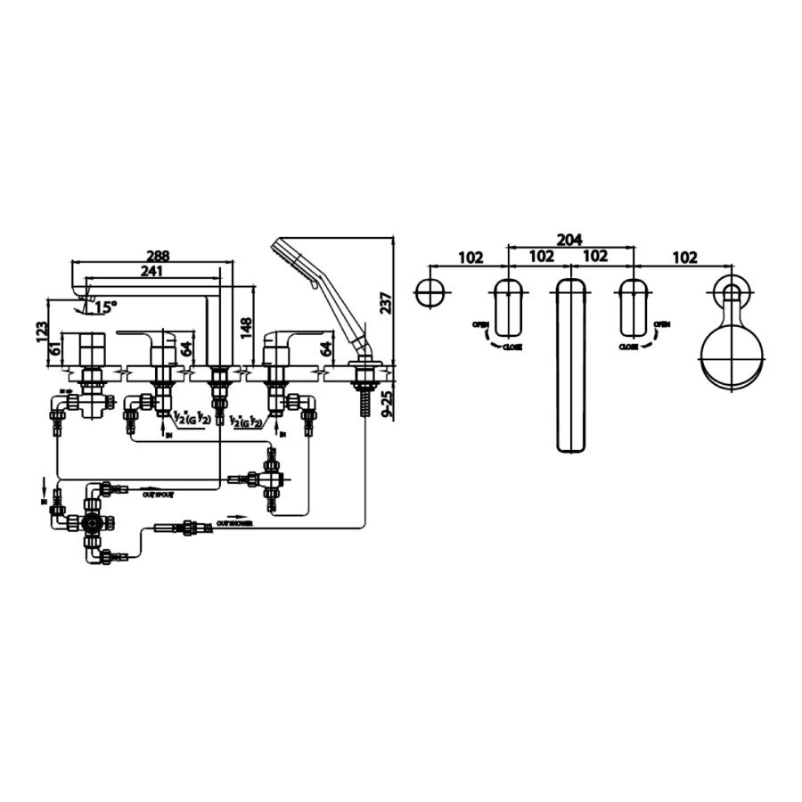 Bản vẽ kỹ thuật vòi xả bồn nóng lạnh COTTO 5 lỗ CT2125Z90