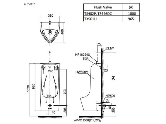Bản vẽ bệ tiểu nam Toto UT 500T Toto UT500T