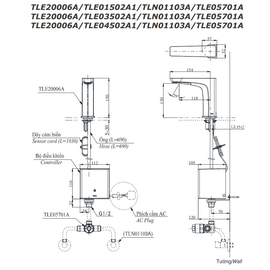 Bản vẽ kỹ thuật vòi lavabo cảm ứng tự động TOTO TLE20006A nóng lạnh
