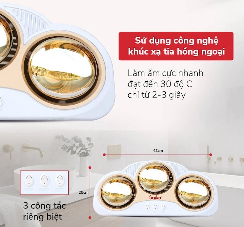 Đèn sưởi nhà tắm 3 bóng Saiko BH-3830H