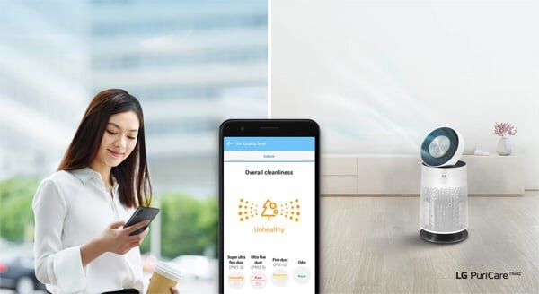  Máy lọc không khí LG PuriCare 1 tầng AS65GDWH0 có thể kết nối, điều khiển từ xa trên điện thoại thông qua ứng dụng LG ThinQ