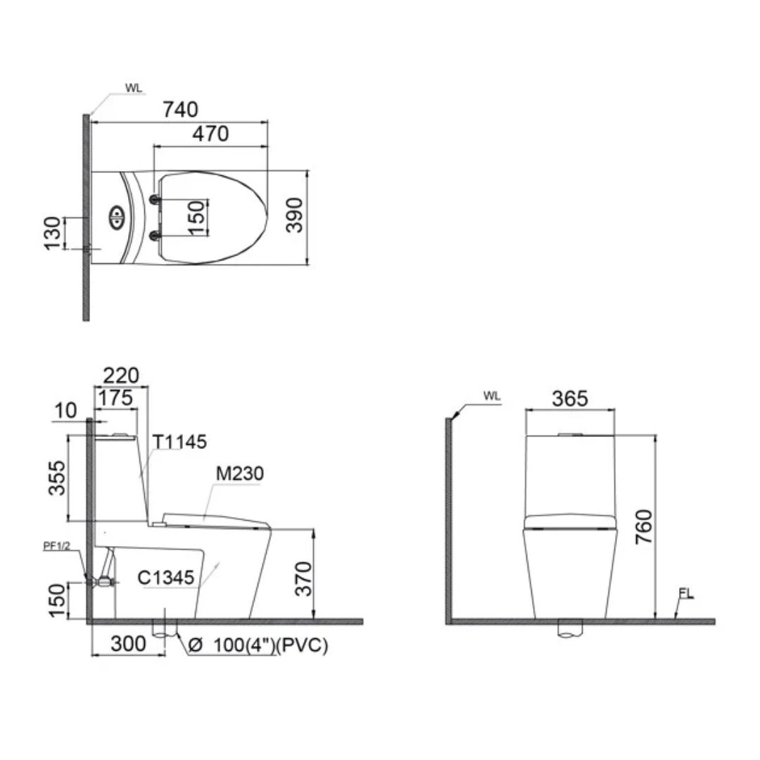 Bản vẽ kỹ thuật bồn cầu 2 khối CAESAR nắp rửa cơ CD1345+TAF050