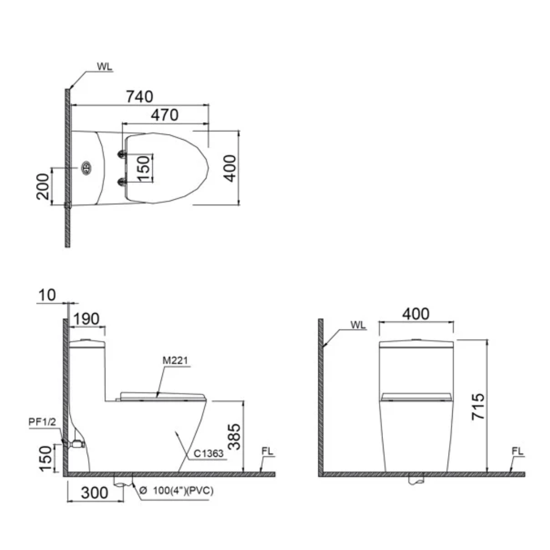 Bản vẽ kỹ thuật bồn cầu 1 khối nắp rửa cơ CD1363+TAF050
