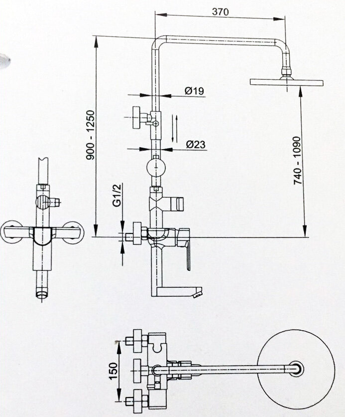 Bản vẽ kỹ thuật của bộ sen cây tắm đứng LUXTA L7229