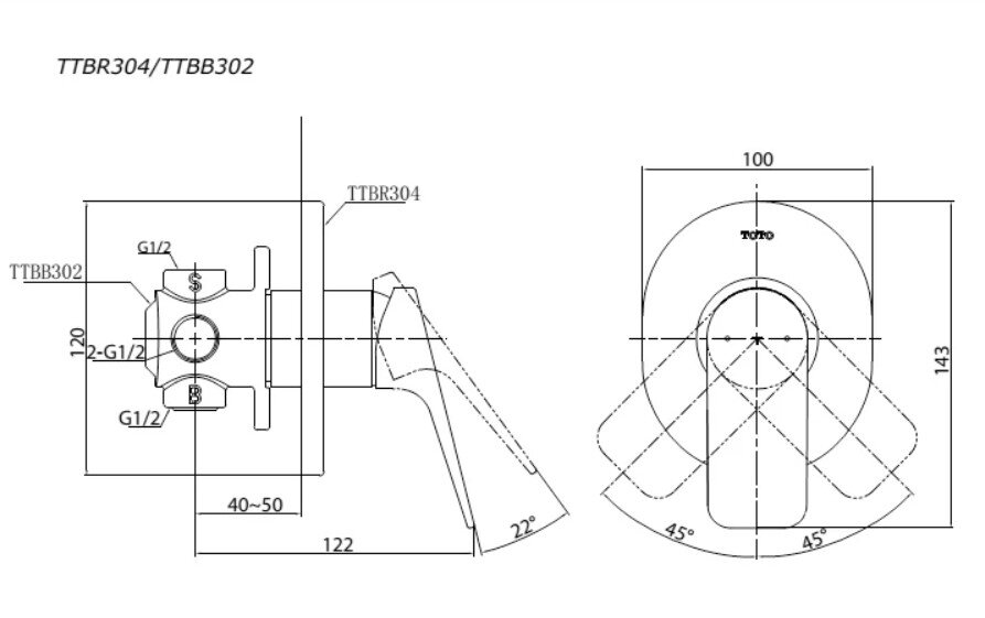 Bản vẽ kỹ thuật van nóng lạnh TTBR304-TTBB302 TOTO