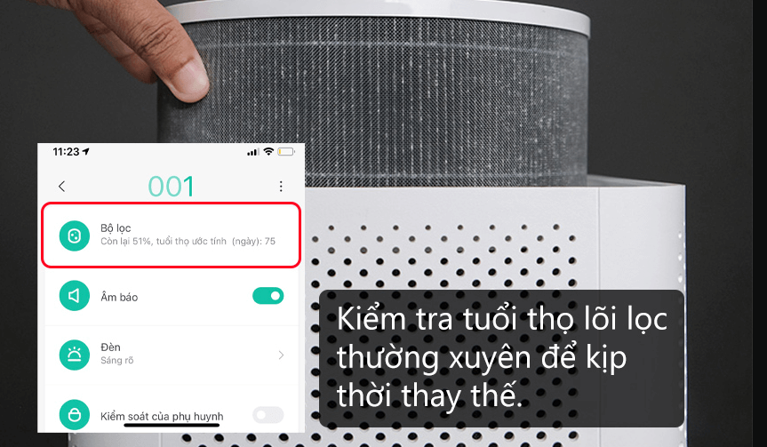 Máy lọc không khí Xiaomi Mi Air Purifier 3C báo thời gian thay bộ lọc