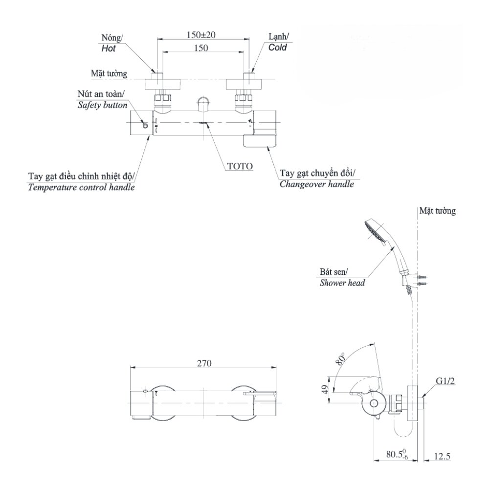 Bản vẽ kỹ thuật củ sen tắm nhiệt độ TOTO TBV03431V