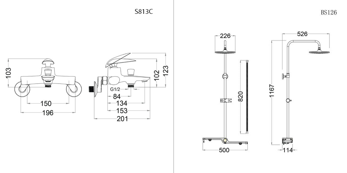 Bản vẽ kỹ thuật bộ sen cây tắm đứng nóng lạnh Caesar BS126 + S813C