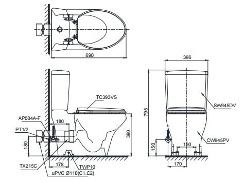 Kích thước kỹ thuật của bồn cầu Toto CS945PDT2