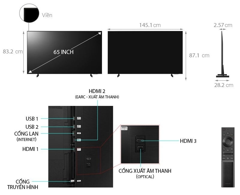 Smart Tivi Samsung 65 inch 4K 65AU8000 3 Smart tivi Samsung 65 inch 4K UA65AU8000 thiết kế kích thước