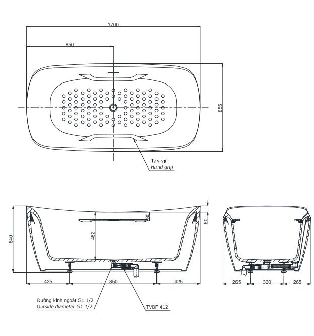 Bản vẽ bồn tắm PJY1734PWEN màu GW TOTO