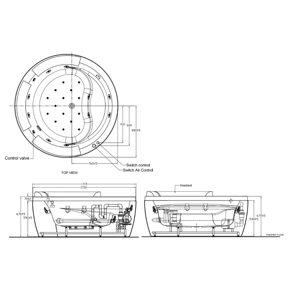Bản vẽ kỹ thuật bồn tắm massage thủy lực sủi bọt khí IDS 1.7m American Standard 70212100-WT