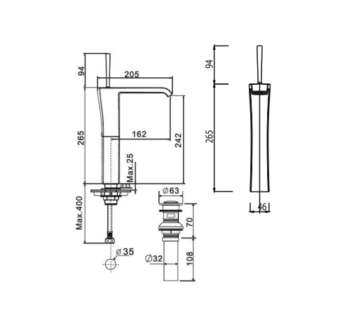 Bản vẽ kỹ thuật vòi lavabo nóng lạnh American Standard cổ cao WF-0603