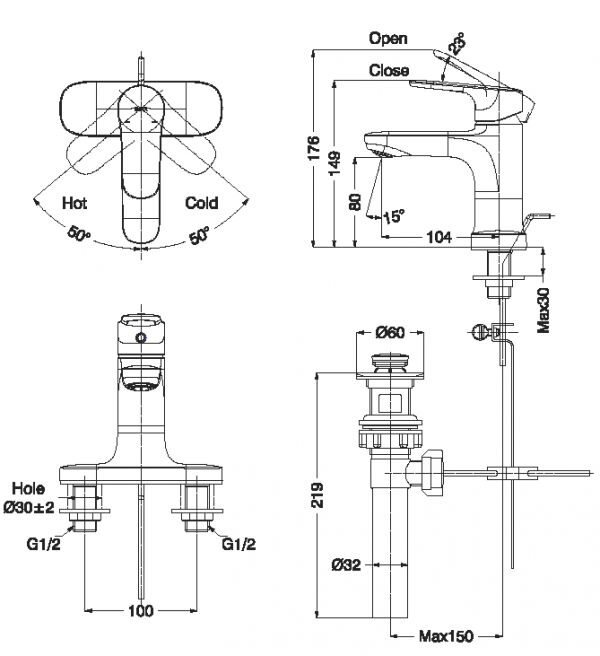 Bản vẽ kỹ thuật vòi lavabo Inax LFV-1401S