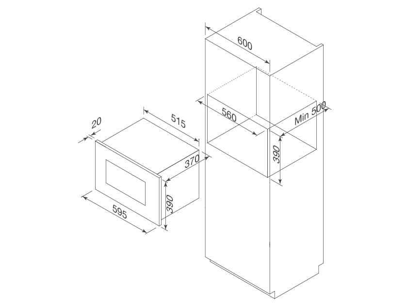 Kích thước lắp đặt lò vi sóng âm tủ Malloca MW 927S