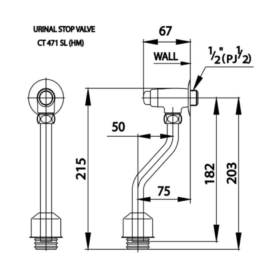Bản vẽ kỹ thuật van xả nhấn tiểu nam COTTO CT471SL(HM)