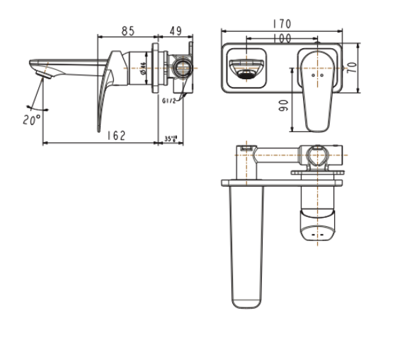 Bản vẽ kỹ thuật vòi lavabo âm tường American Standard Milano WF-0904