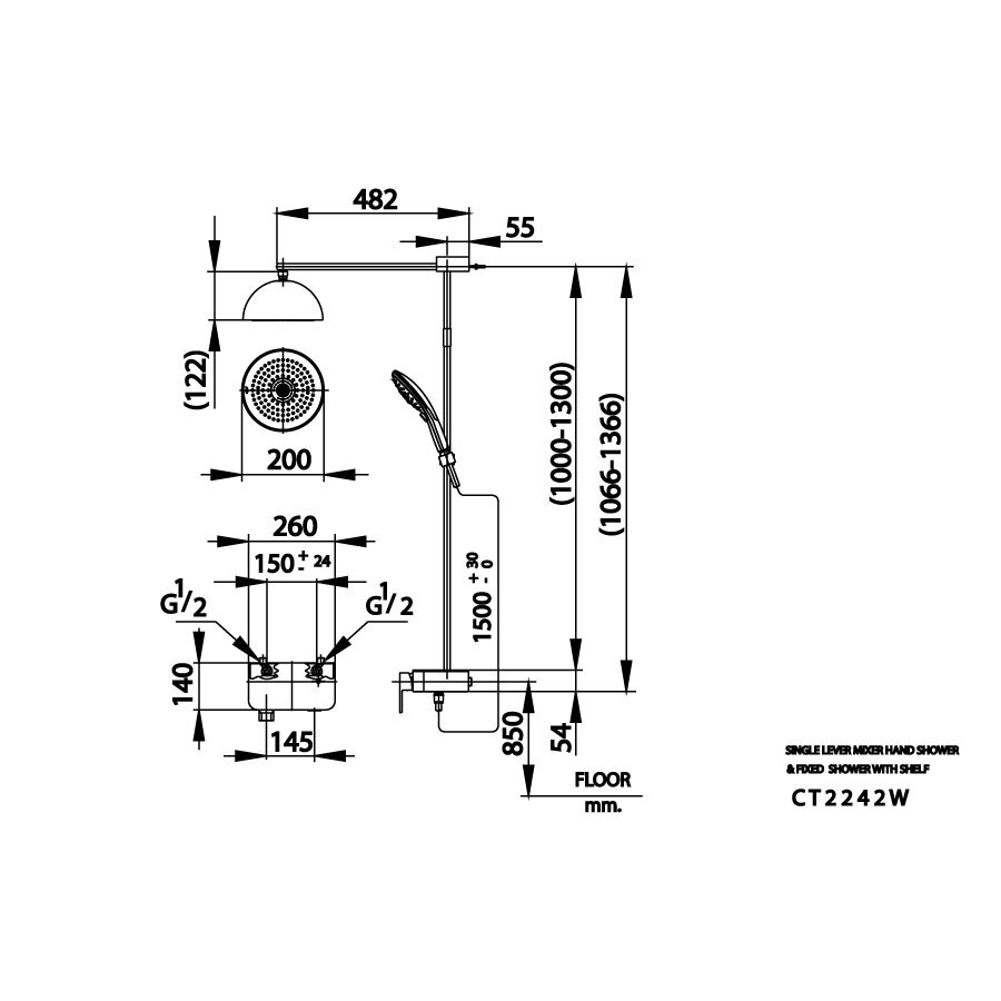 Bản vẽ kỹ thuật bộ sen tắm đứng nóng lạnh COTTO CT2242W