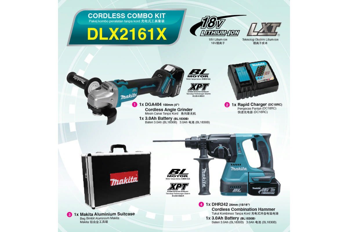Bộ máy khoan đa năng và mài pin 18V Makita DLX2161X