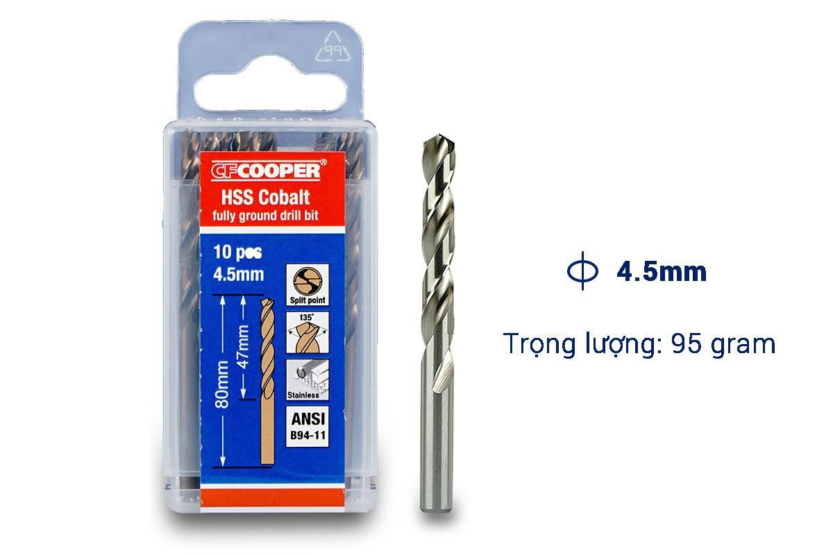 Mũi khoan Inox, thép cobalt 4.5mm CFCooper HCM045 - Hộp 10 mũi