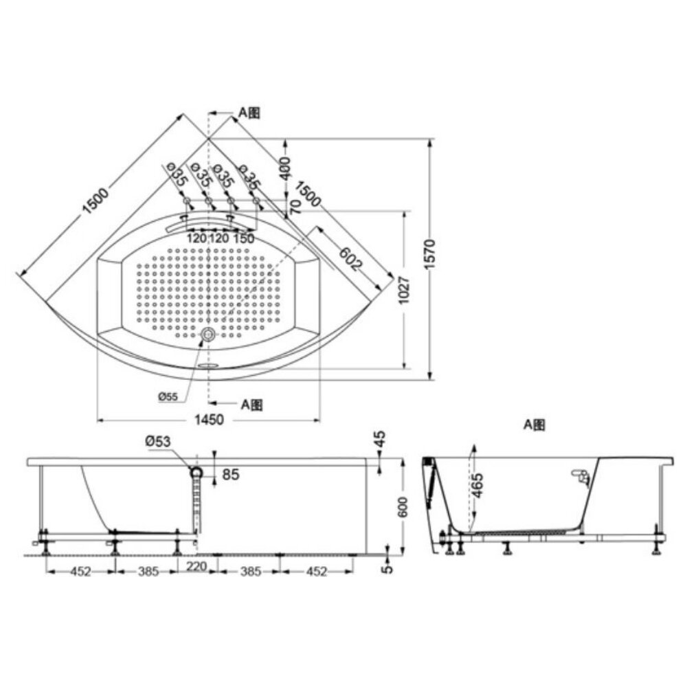 Bản vẽ kỹ thuật của bồn tắm 1m5 TOTO PPY1543-4HPE#P TVBF412 DB505R-2B