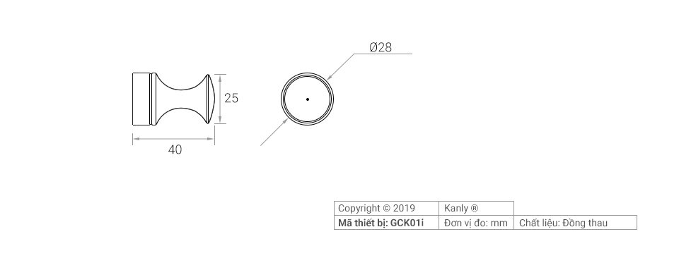 Bản vẽ kỹ thuật móc áo bằng đồng Kanly GCK01i / GCK01iB