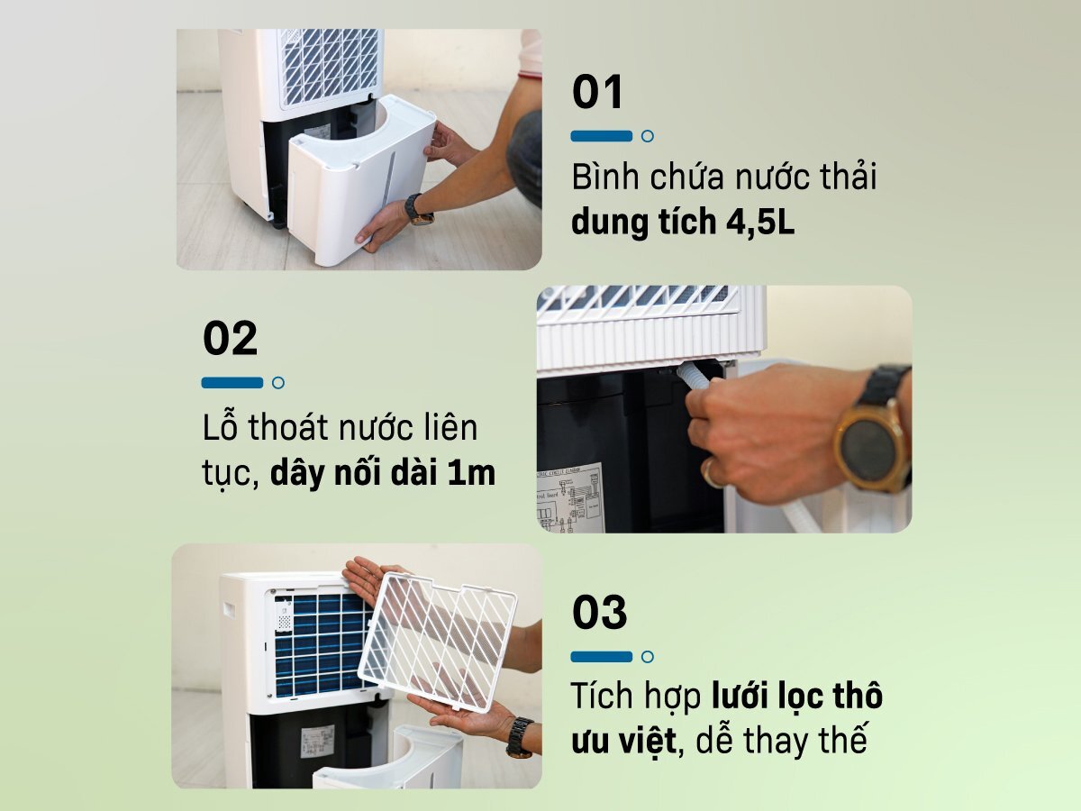Máy hút ẩm gia đình Fujihaia DH18CR dễ dàng xử lý nước thải