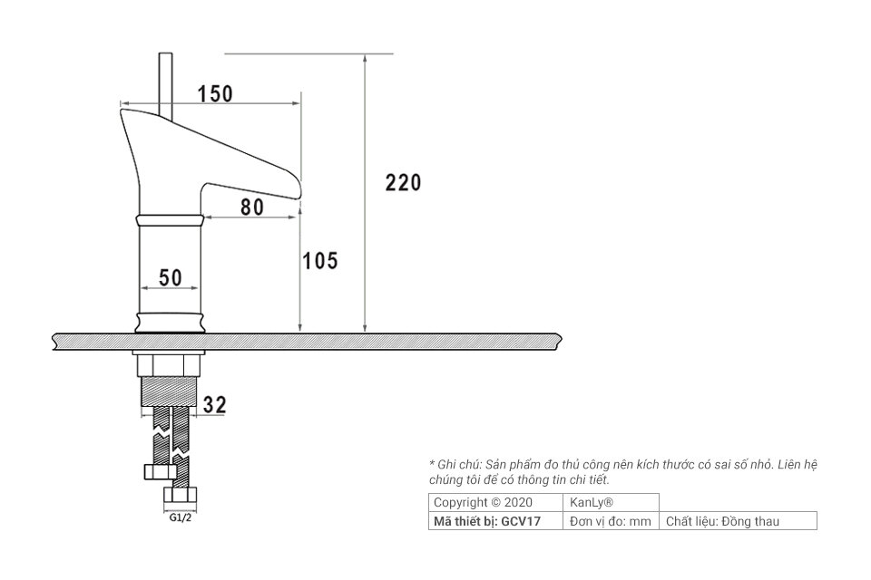 Bản vẽ kỹ thuật vòi lavabo Kanly GCV17