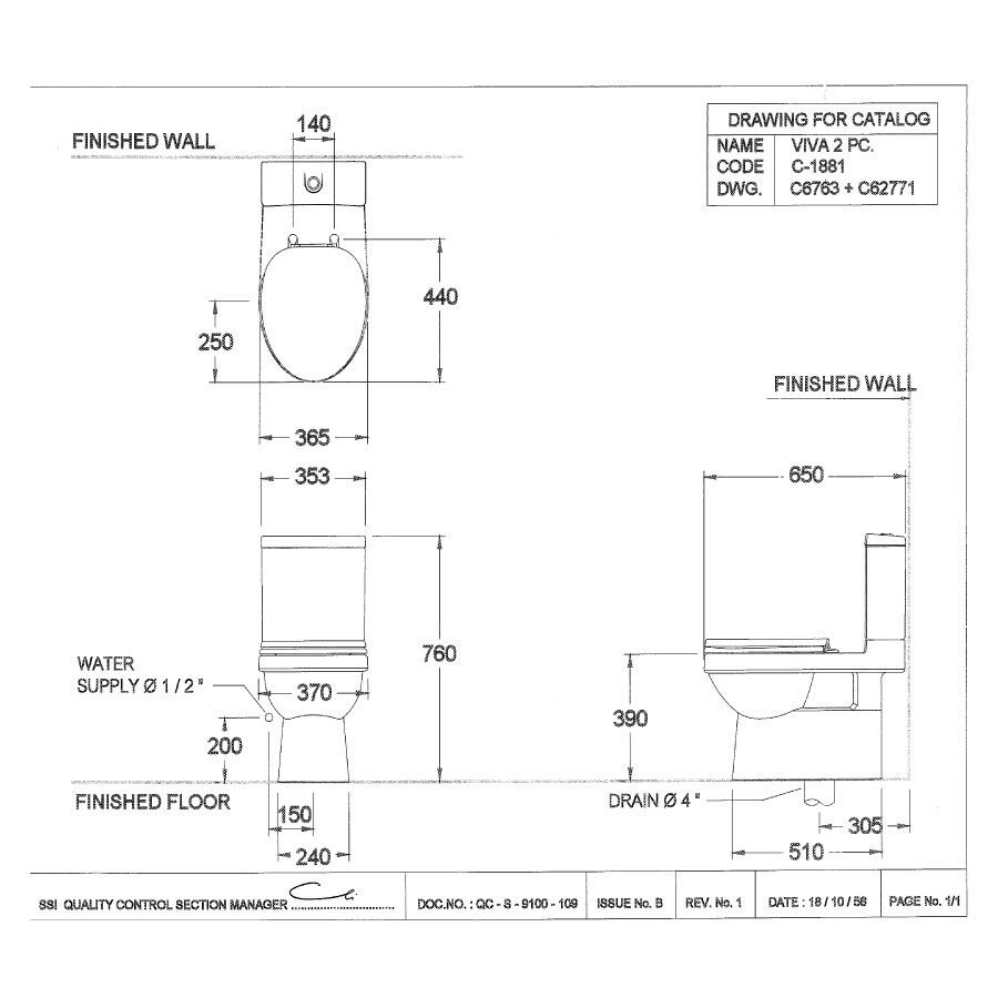 Bản vẽ kỹ thuật bồn cầu 2 khối COTTO C1881 nắp đóng êm Viva-R