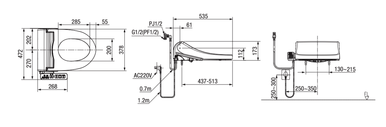 Bản vẽ kỹ thuật bồn cầu nắp điện tử American Standard WP-7SL1