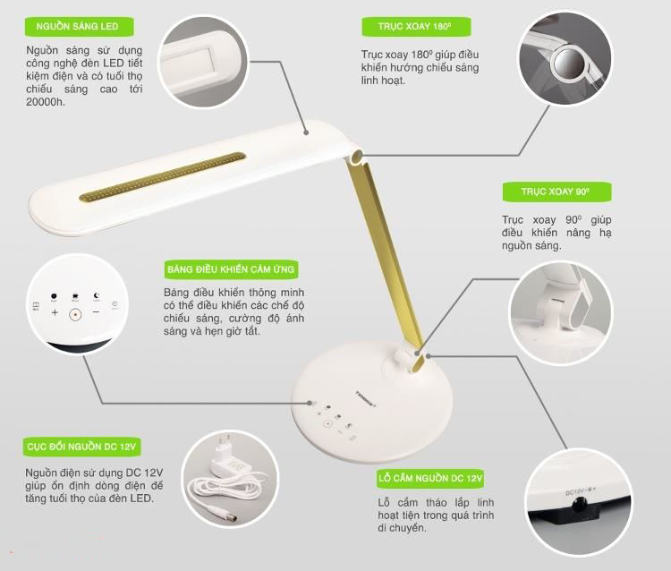 Đèn bàn cảm ứng ba màu ánh sáng Tiross 8W TS1806 màu sữa Đèn bàn cảm ứng ba màu ánh sáng Tiross 8W TS1806 màu sữa