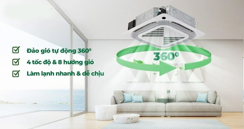 Điều hòa âm trần Cassette 8 hướng thổi Nagakawa NT-C36R1T20 có 8 cửa gió với chế độ đảo gió 360 độ