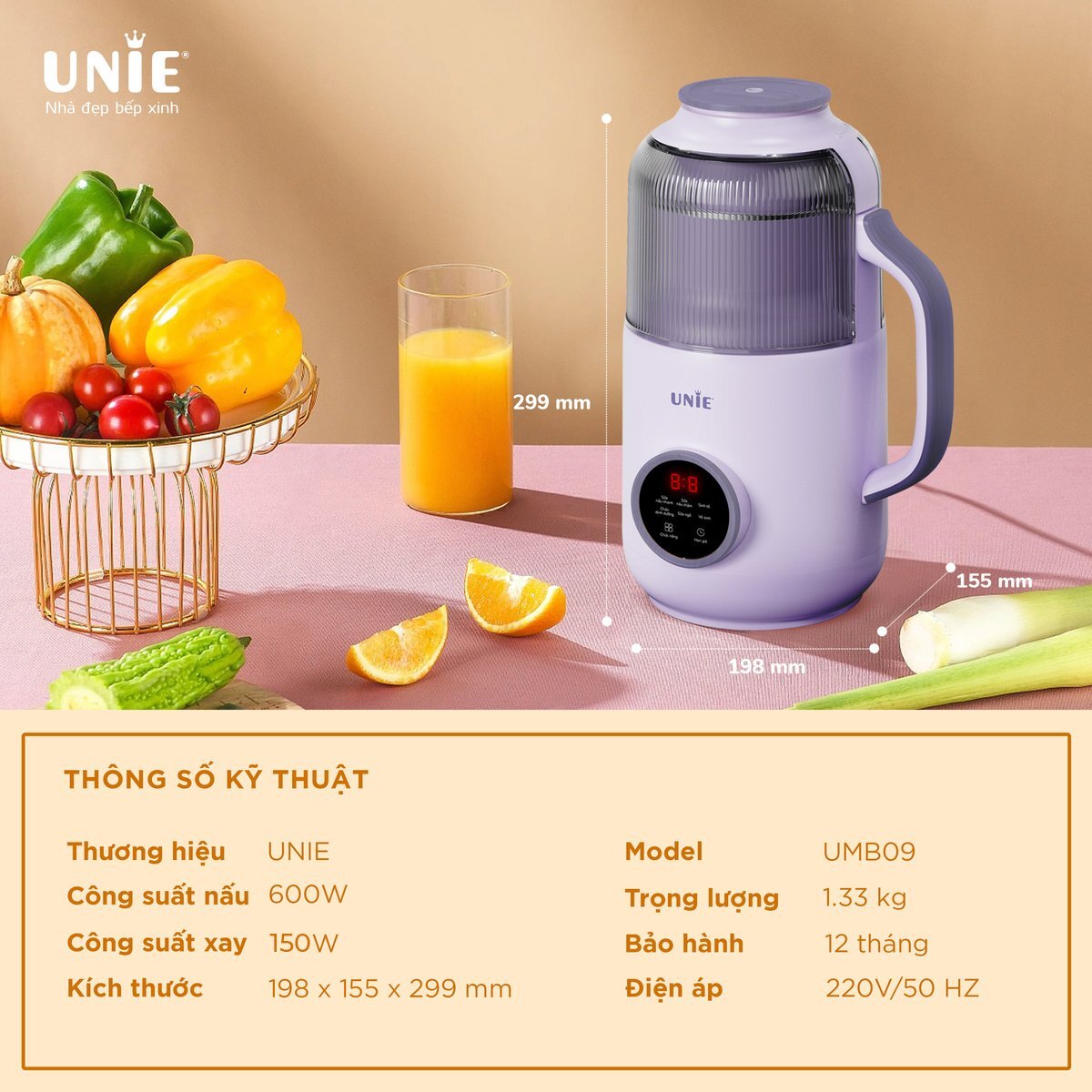 Thông số máy làm sữa hạt Unie Máy làm sữa hạt đa năng