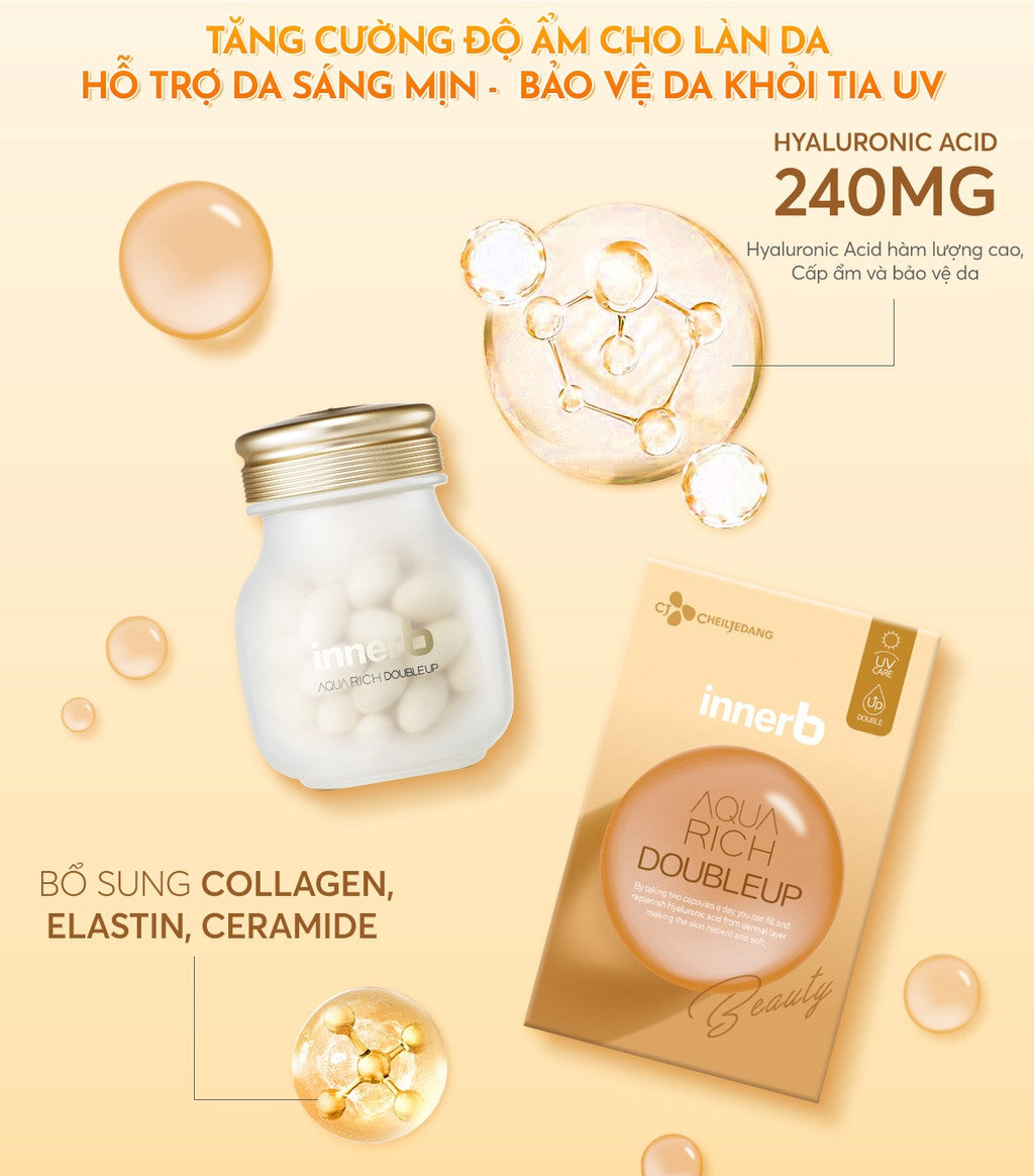 Viên Uống Cấp Ẩm InnerB Aqua Rich DoubleUp bổ sung Hyaluronic Acid 240mg giúp tăng cường độ ẩm, hỗ trợ da sáng mịn.