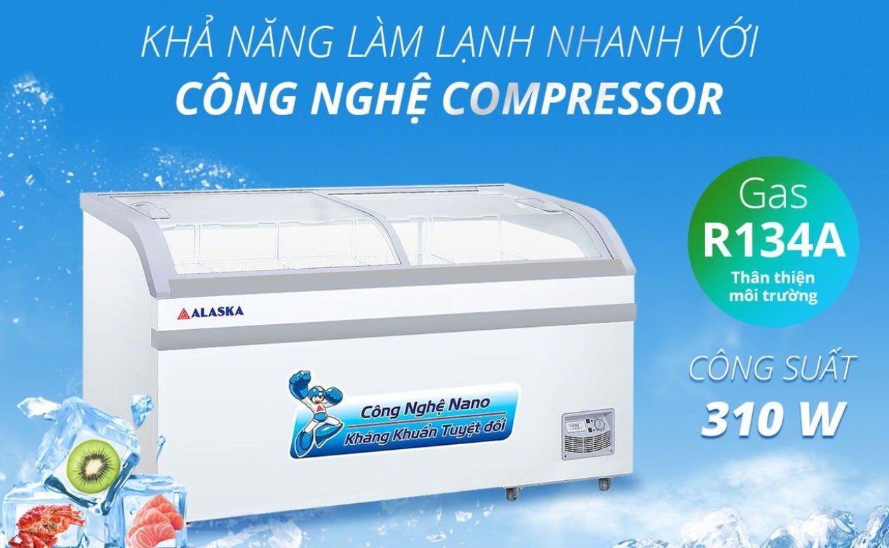 Tủ đông kính cong Alaska KC-395 có khả năng làm lạnh nhanh nhờ máy nén Compressor
