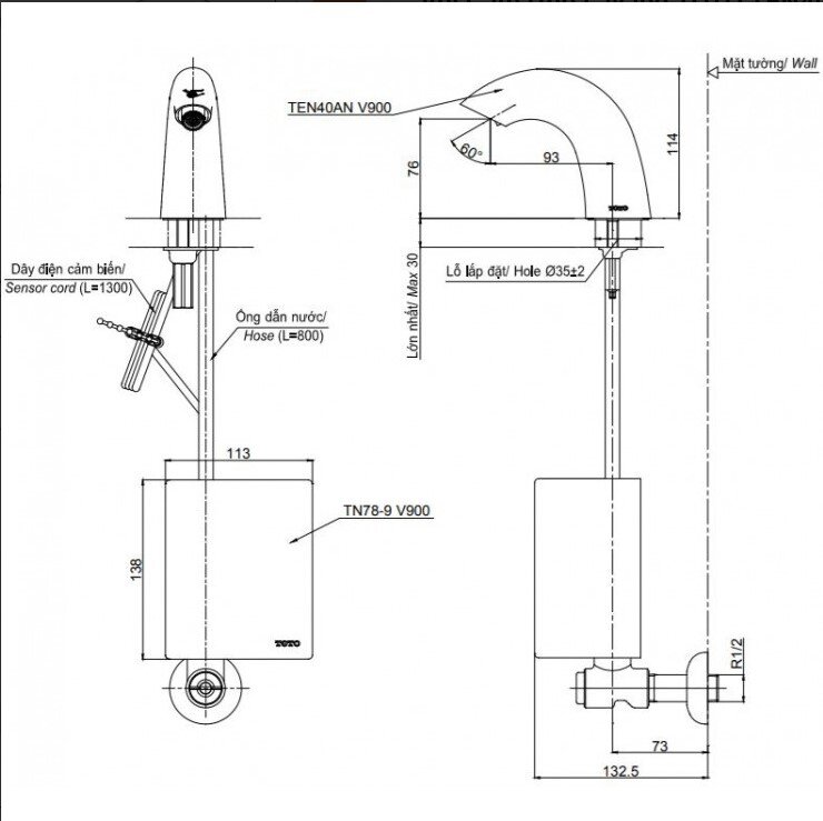 Bản vẽ kỹ thuật vòi TOTO TEN40ANV900 TN78-9V900 TVLF405