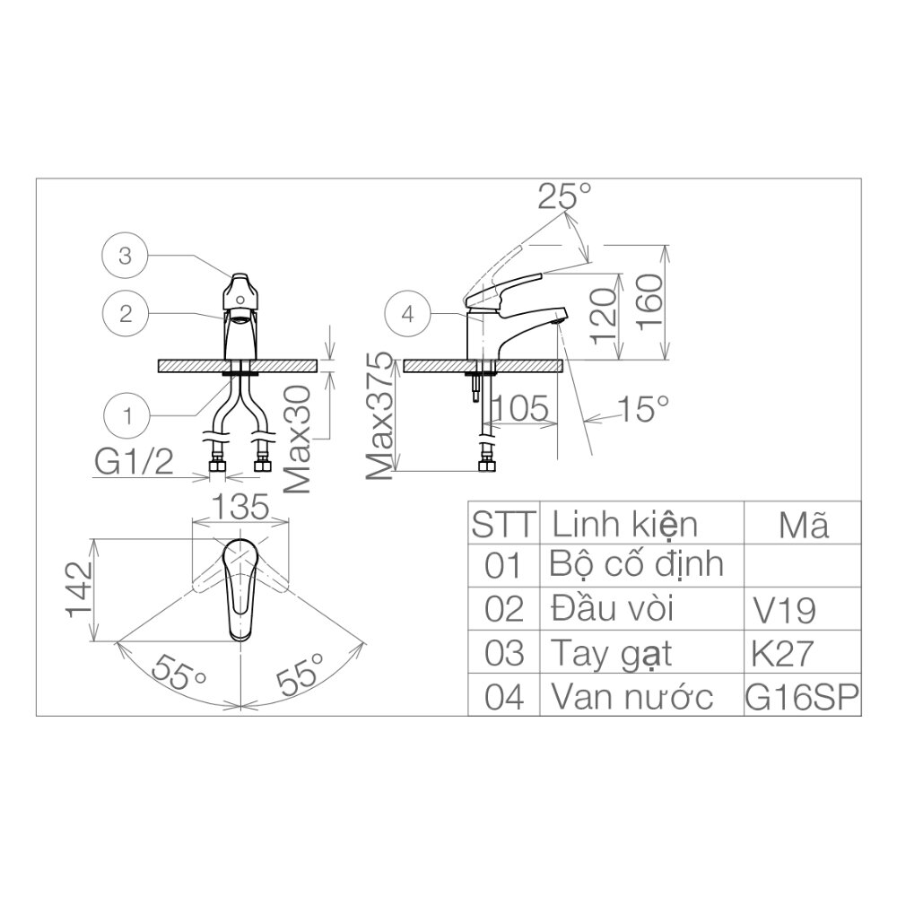 Bản vẽ kỹ thuật vòi chậu lavabo nóng lạnh Viglacera VG102