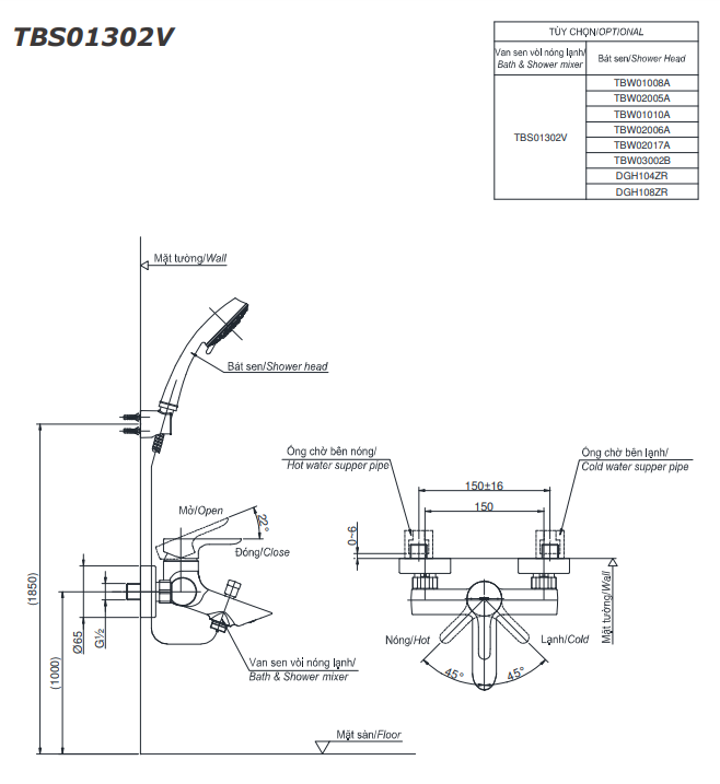 Bản vẽ kỹ thuật bộ sen tắm nóng lạnh TOTO TBS01302V/TBW02017A